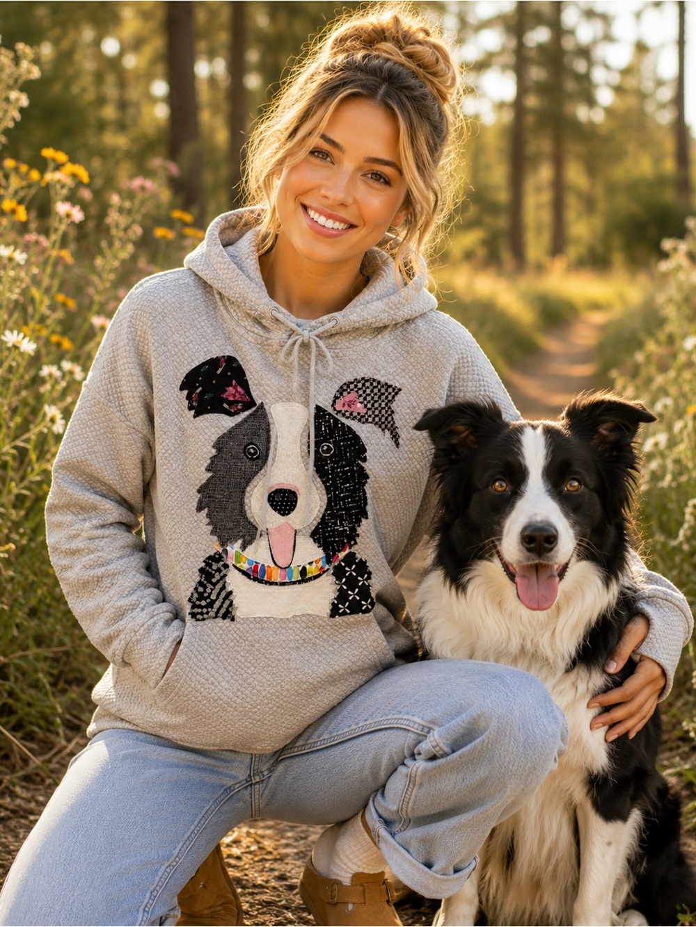 Custom Upcycled Hoodie XS Gray Patchwork Appliqué Dog Lover Border Collie